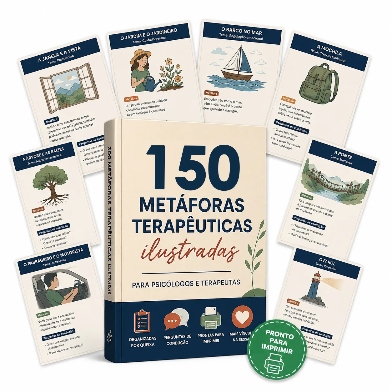 Livro +150 Metáforas Terapêuticas Ilustradas com as fichas em leque ao redor